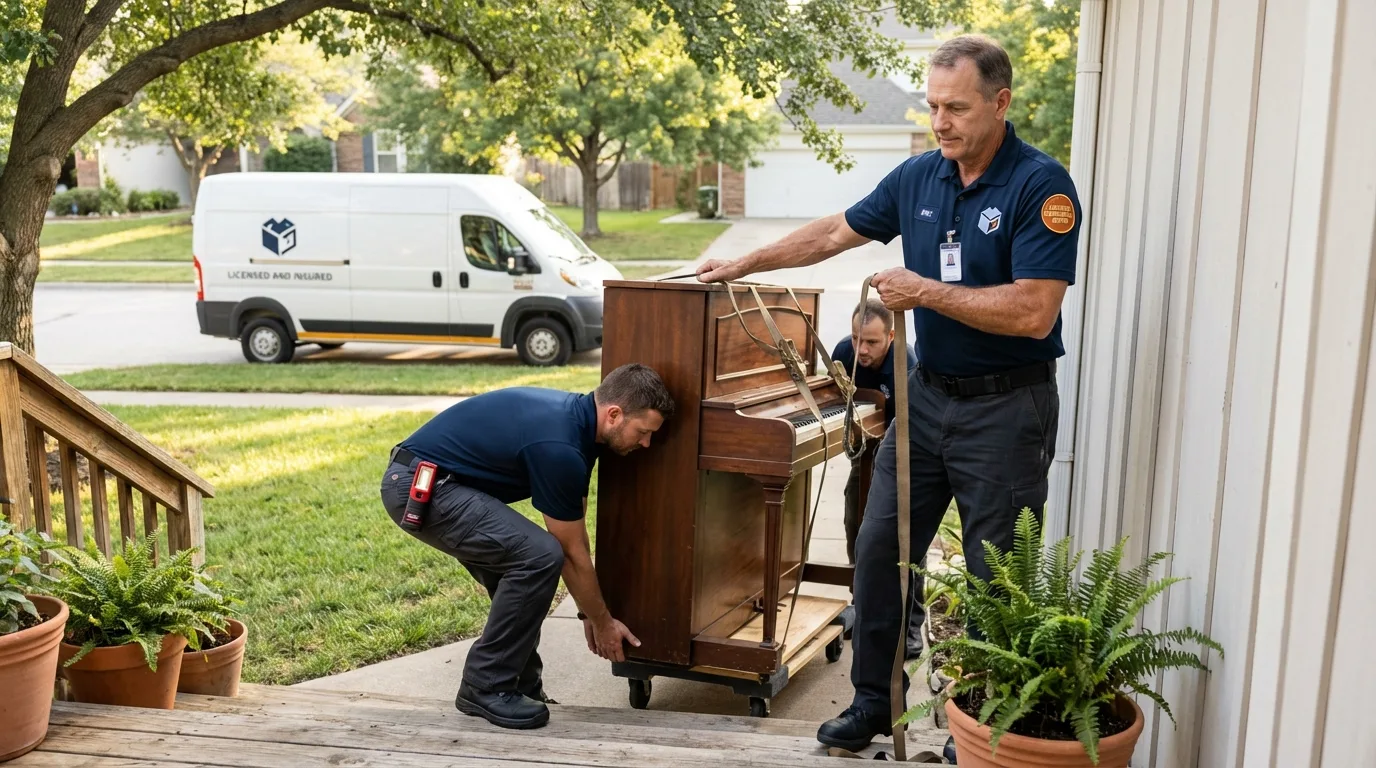 Licensed piano movers securing grand piano in Estancia, NM