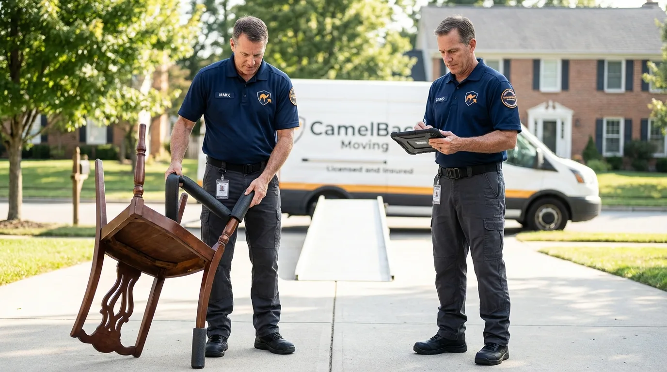Movers inspecting furniture for damage prevention before loading in Estancia, NM