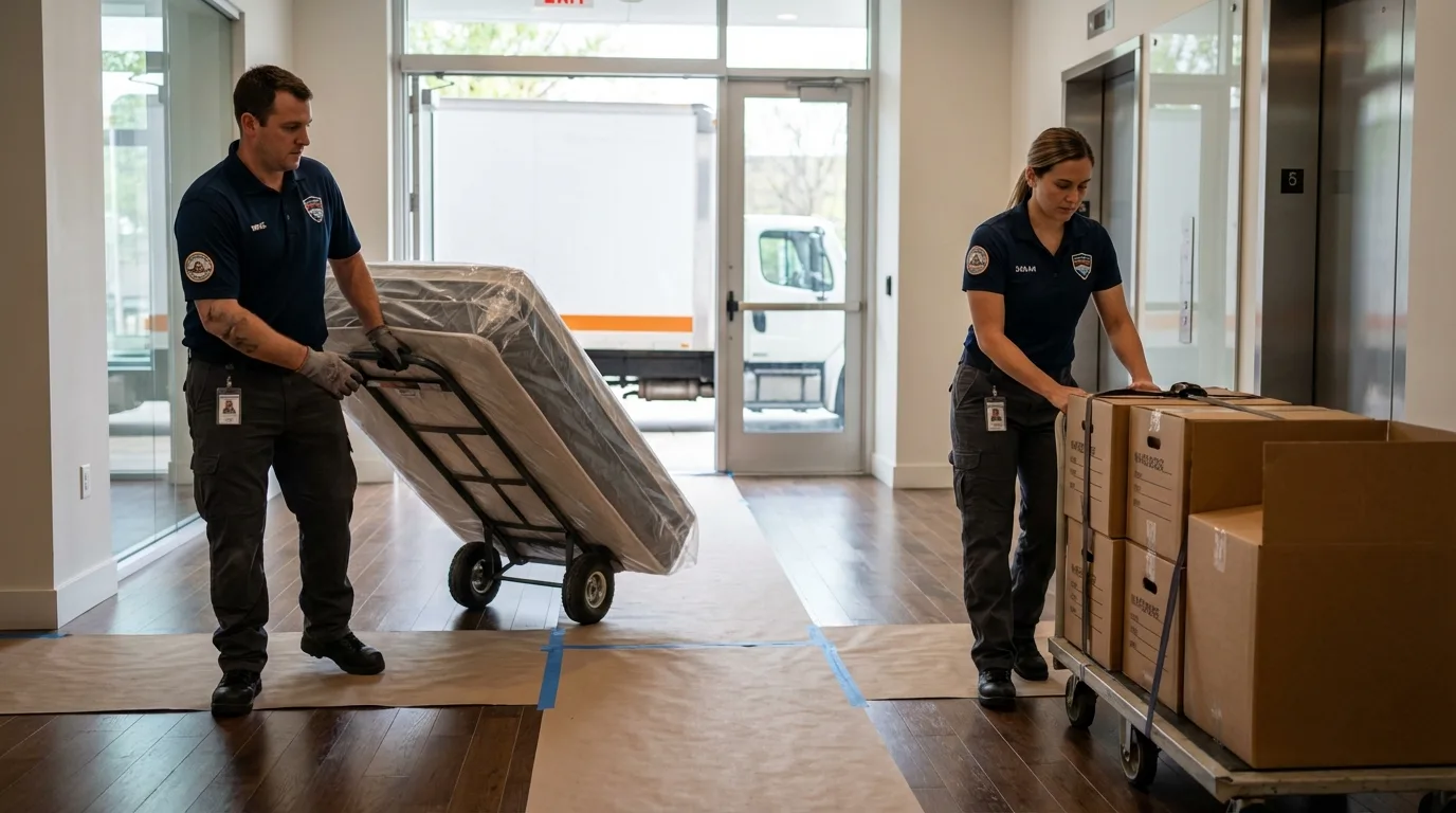 Professional apartment movers loading elevator in Estancia, NM