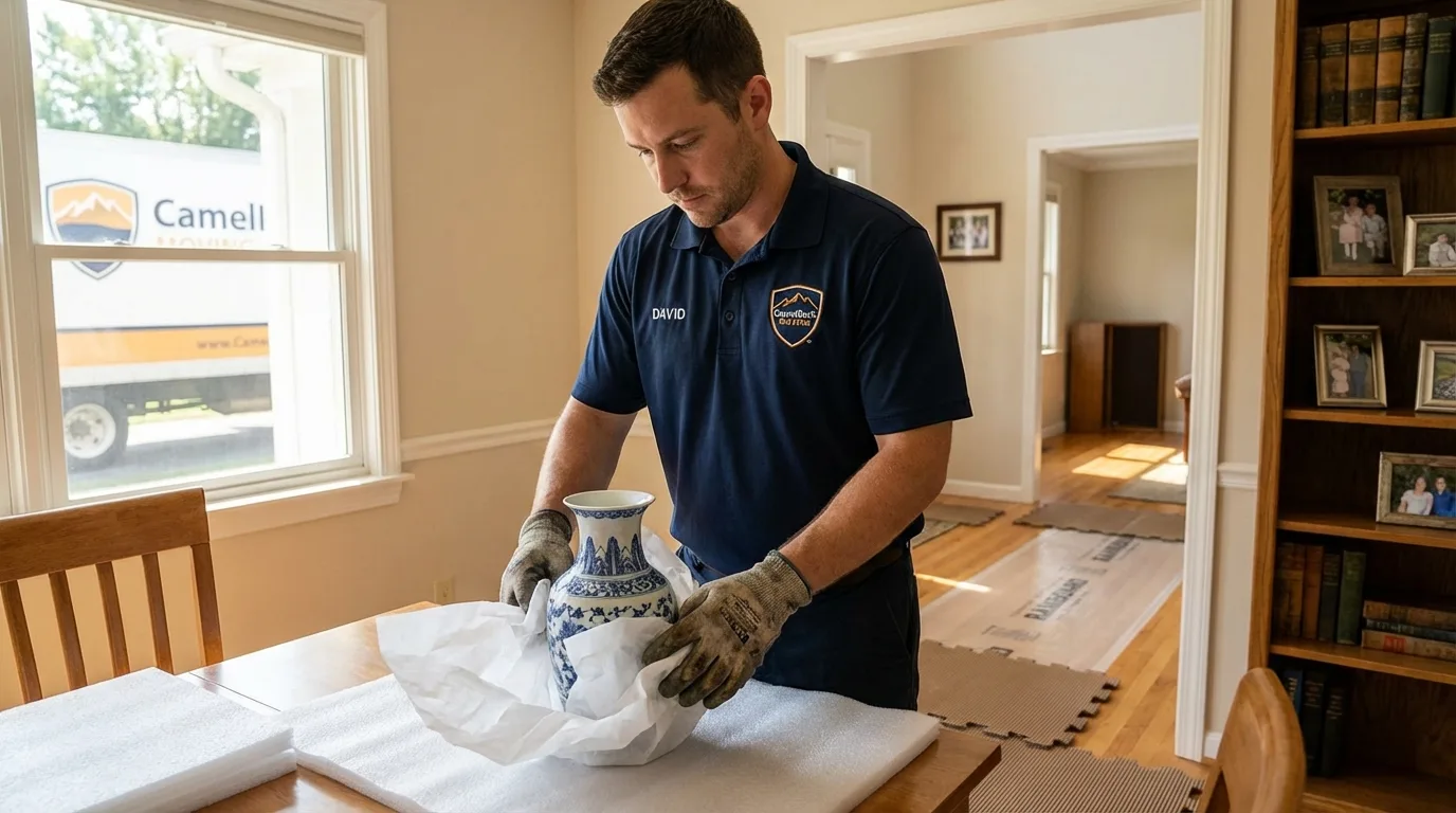 Professional crew carefully wrapping antique vase for senior downsizing move in Estancia, NM