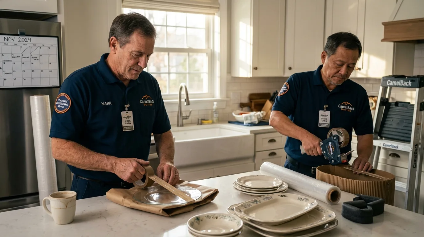 Professional crew packing kitchen dishware in Estancia, NM